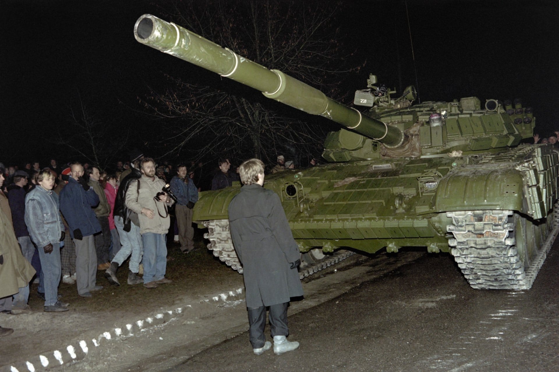 An unarmed man blocks the path of a Soviet tank in Vilnius, Lithuania on January 13th, 1990